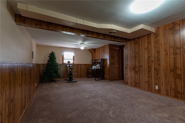 14 Gateway Ct, Warwick, RI 02889 - below grade area featuring wooden walls, ceiling fan, a wainscoted wall, and carpet floors