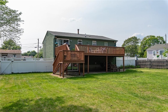 14 Gateway Ct, Warwick, RI 02889 - rear view of house with stairs, a fenced backyard, and a wooden deck