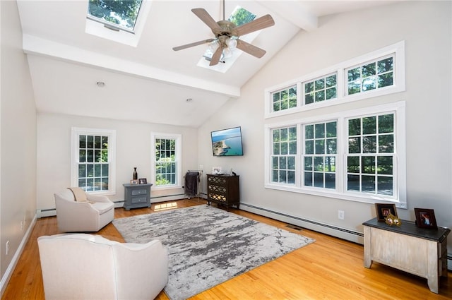 2 Elizabeth Ann Dr, Johnston, RI 02919 - living room featuring beamed ceiling, wood finished floors, a skylight, a baseboard radiator, and a ceiling fan