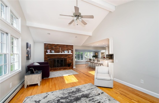 2 Elizabeth Ann Dr, Johnston, RI 02919 - living room featuring a baseboard radiator, light wood-style floors, beamed ceiling, a fireplace, and ceiling fan