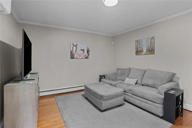 12 Elmore Ave, North Providence, RI 02911 - living area with baseboard heating, a wall mounted air conditioner, light wood-style flooring, and crown molding