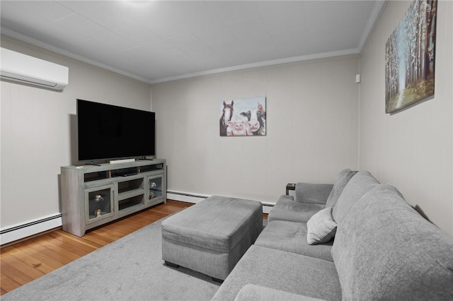 12 Elmore Ave, North Providence, RI 02911 - living area featuring a wall mounted AC, ornamental molding, wood finished floors, and a baseboard heating unit