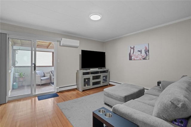 12 Elmore Ave, North Providence, RI 02911 - living room with a wall unit AC, a baseboard heating unit, ornamental molding, and wood finished floors