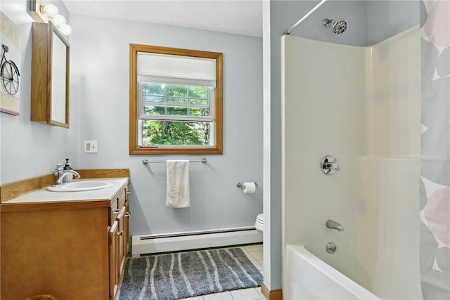 6 Ferris Dr, Coventry, RI 02816 - bathroom featuring a baseboard heating unit, vanity, tile patterned flooring, and bathing tub / shower combination