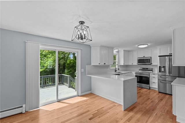 7 Antony Ave, Bristol, RI 02809 - kitchen featuring stainless steel appliances, a baseboard heating unit, light countertops, a peninsula, and light wood finished floors
