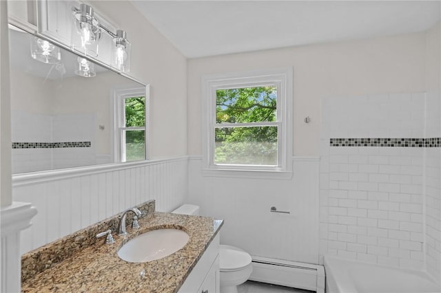 7 Antony Ave, Bristol, RI 02809 - full bath with a baseboard heating unit, vanity, a wainscoted wall, and shower / bath combination