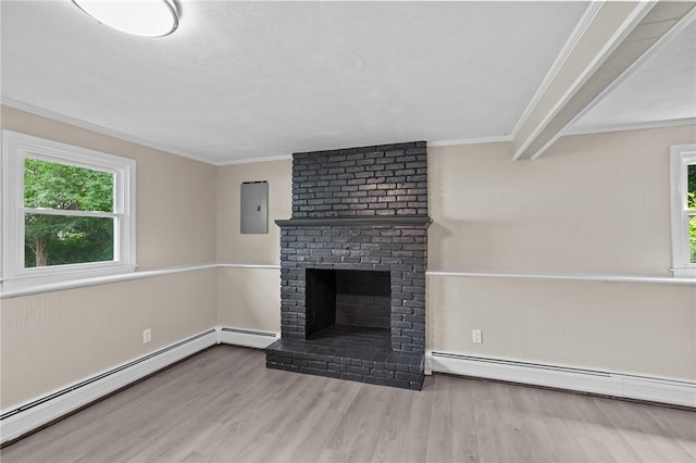 7 Antony Ave, Bristol, RI 02809 - unfurnished living room featuring a baseboard radiator, wood finished floors, a fireplace, ornamental molding, and electric panel