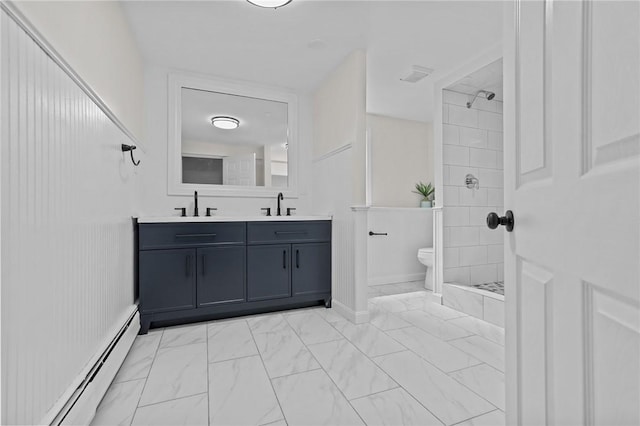7 Antony Ave, Bristol, RI 02809 - bathroom featuring a baseboard heating unit, marble look tiles, double vanity, and a tile shower