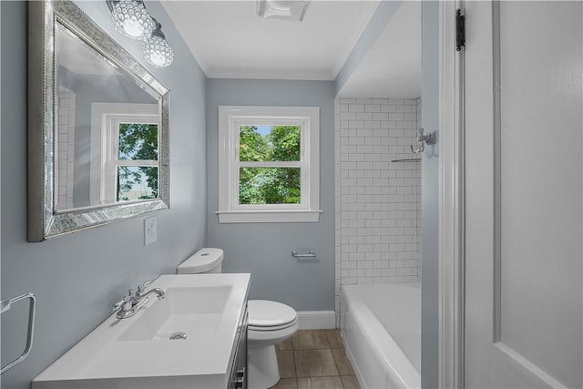 14 Gladding St, Bristol, RI 02809 - full bathroom with vanity, tile patterned flooring, ornamental molding, and bathing tub / shower combination
