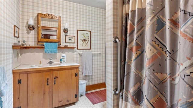 12 Lampercock Ln, Lincoln, RI 02865 - full bathroom featuring vanity, curtained shower, and wallpapered walls