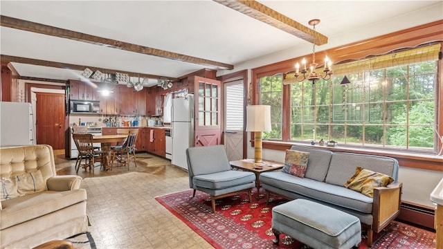 12 Lampercock Ln, Lincoln, RI 02865 - living area featuring a chandelier, beam ceiling, baseboard heating, and light flooring