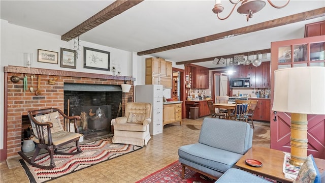 12 Lampercock Ln, Lincoln, RI 02865 - living room with a brick fireplace, beam ceiling, a chandelier, and light flooring