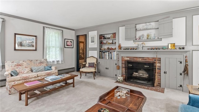 12 Lampercock Ln, Lincoln, RI 02865 - living area featuring crown molding, a baseboard heating unit, light colored carpet, a brick fireplace, and baseboard heating