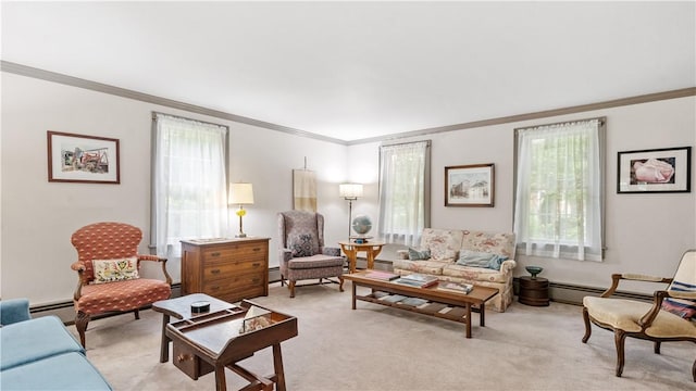 12 Lampercock Ln, Lincoln, RI 02865 - living area with crown molding, healthy amount of natural light, light colored carpet, and baseboard heating