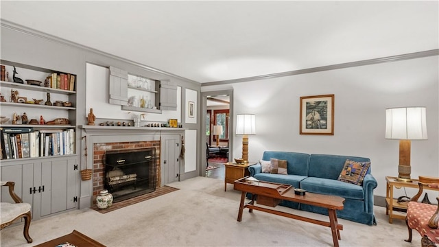 12 Lampercock Ln, Lincoln, RI 02865 - living area featuring ornamental molding, light carpet, and a brick fireplace