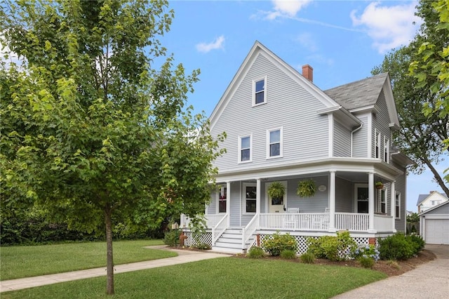 157 Arnold Ave, Cranston, RI 02905 - view of front facade featuring covered porch, a chimney, a front lawn, and an outbuilding