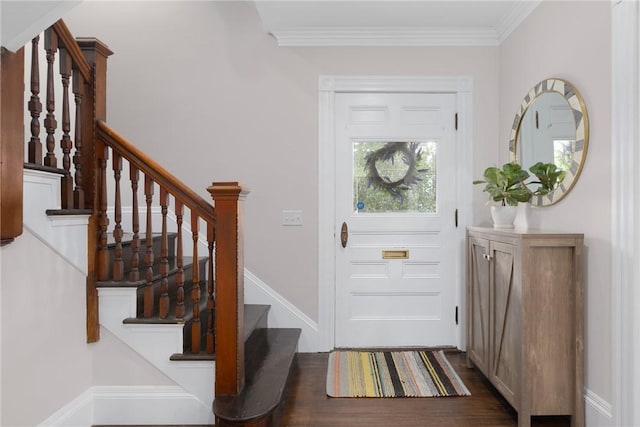 157 Arnold Ave, Cranston, RI 02905 - entryway with dark wood-style floors, stairway, and ornamental molding