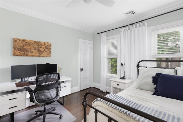 157 Arnold Ave, Cranston, RI 02905 - bedroom featuring ornamental molding, dark wood-type flooring, an office area, and ceiling fan