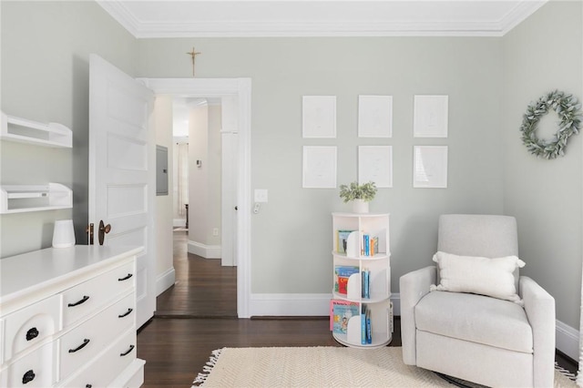157 Arnold Ave, Cranston, RI 02905 - sitting room featuring dark wood-style floors, ornamental molding, and electric panel