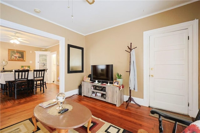 10 Walnut St, East Providence, RI 02914 - living room featuring a ceiling fan, ornamental molding, and wood finished floors