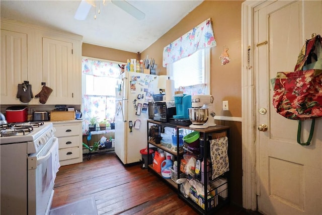10 Walnut St, East Providence, RI 02914 - kitchen featuring white appliances, dark wood-type flooring, light countertops, white cabinetry, and ceiling fan