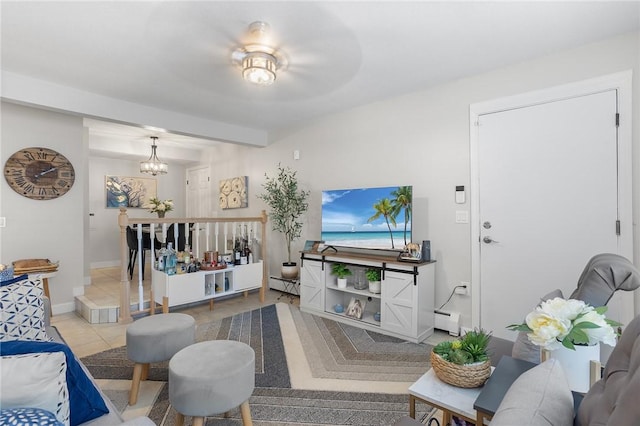 132 Hoffman Ave Unit 116, Cranston, RI 02920 - living area featuring a baseboard heating unit, a chandelier, beamed ceiling, and tile patterned floors