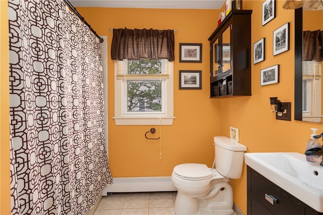 13 Vaughan Ave, Newport, RI 02840 - full bath with a baseboard radiator, vanity, tile patterned floors, and curtained shower