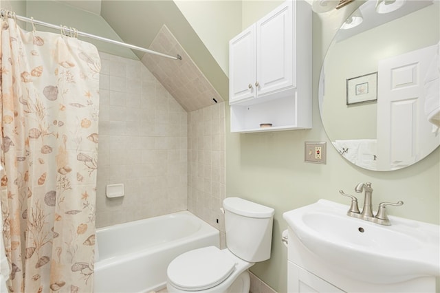 13 Vaughan Ave, Newport, RI 02840 - full bathroom with shower / bath combo with shower curtain, vanity, and lofted ceiling