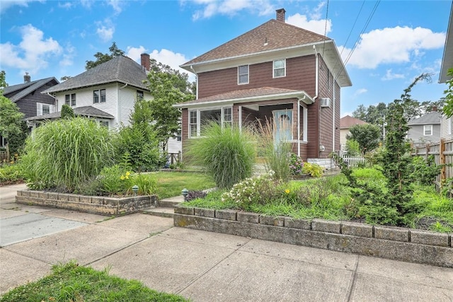 37 Denver Ave, Cranston, RI 02905 - american foursquare style home with roof with shingles, cooling unit, a chimney, and a patio area