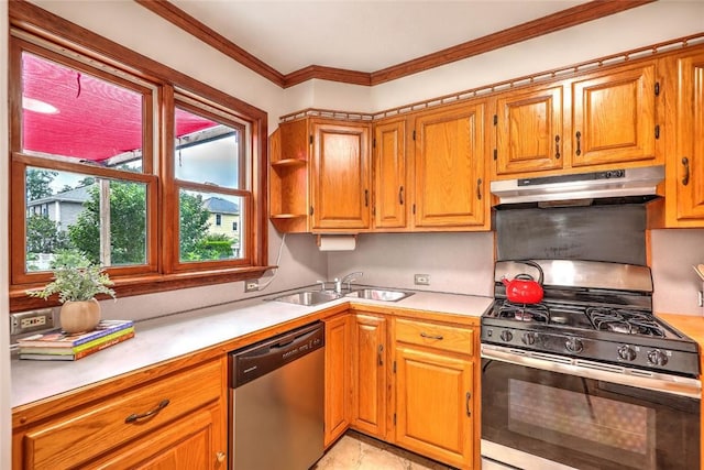 37 Denver Ave, Cranston, RI 02905 - kitchen featuring stainless steel appliances, under cabinet range hood, light countertops, ornamental molding, and brown cabinetry