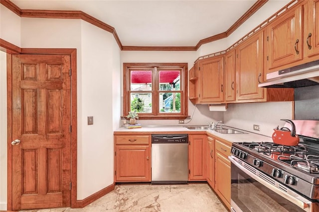37 Denver Ave, Cranston, RI 02905 - kitchen with stainless steel appliances, under cabinet range hood, light countertops, light marble finish floors, and ornamental molding