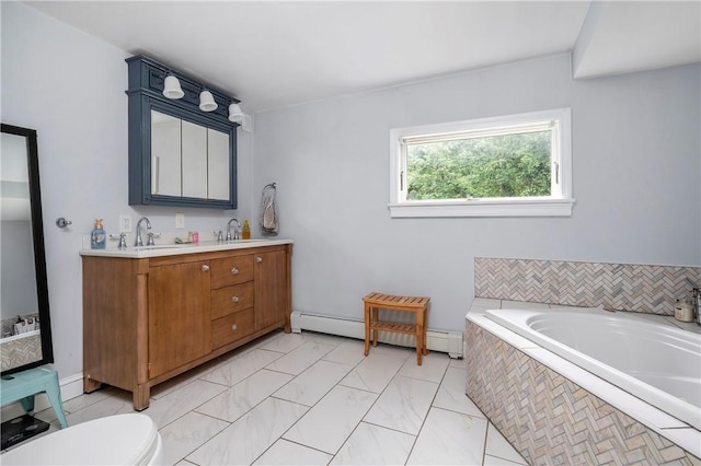 5 Harding St, Coventry, RI 02816 - bathroom featuring a garden tub, double vanity, baseboard heating, and marble finish flooring