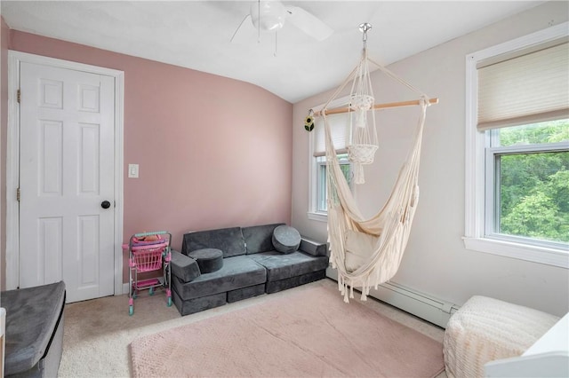 5 Harding St, Coventry, RI 02816 - sitting room with a baseboard radiator, carpet floors, a ceiling fan, and lofted ceiling