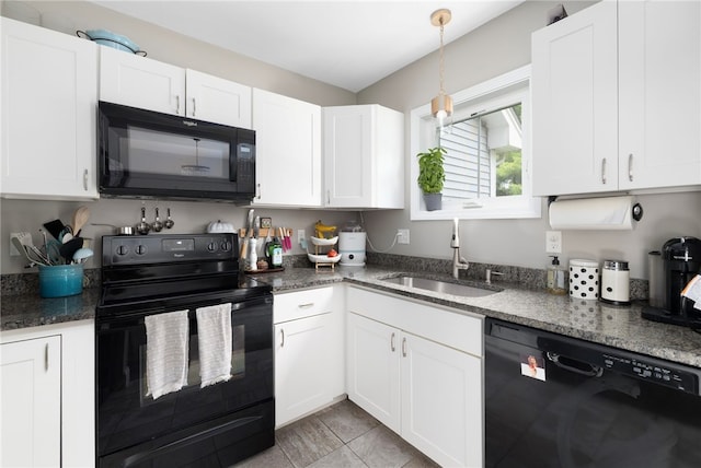 5 Jupiter Ln Unit F, Richmond, RI 02898 - kitchen featuring black appliances, white cabinetry, dark stone countertops, and decorative light fixtures