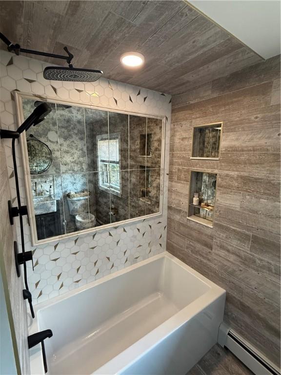 446 Angell Rd, North Providence, RI 02904 - full bath featuring baseboard heating, wood walls, and wooden ceiling