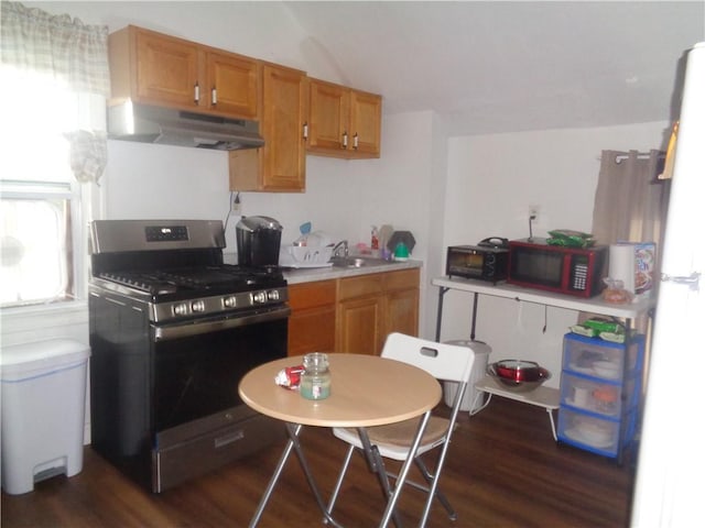 269 Althea St, Providence, RI 02907 - kitchen featuring gas range, under cabinet range hood, dark wood-style flooring, light countertops, and brown cabinetry