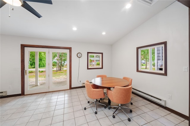 40 Alder Rd, Charlestown, RI 02813 - dining area with a baseboard radiator, lofted ceiling, recessed lighting, a ceiling fan, and baseboard heating