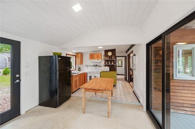 40 Alder Rd, Charlestown, RI 02813 - kitchen with white appliances, lofted ceiling, light countertops, and open shelves