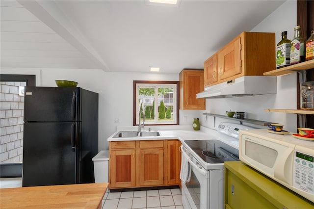 40 Alder Rd, Charlestown, RI 02813 - kitchen featuring white appliances, under cabinet range hood, light countertops, and light tile patterned floors