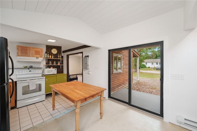 40 Alder Rd, Charlestown, RI 02813 - kitchen with white appliances, a baseboard radiator, lofted ceiling, under cabinet range hood, and open shelves