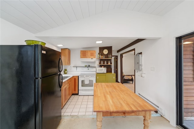 40 Alder Rd, Charlestown, RI 02813 - kitchen with white appliances, lofted ceiling, a baseboard radiator, under cabinet range hood, and open shelves