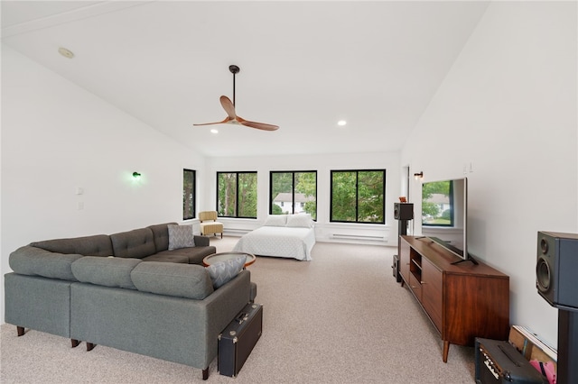 40 Alder Rd, Charlestown, RI 02813 - carpeted living area featuring a ceiling fan, recessed lighting, and high vaulted ceiling