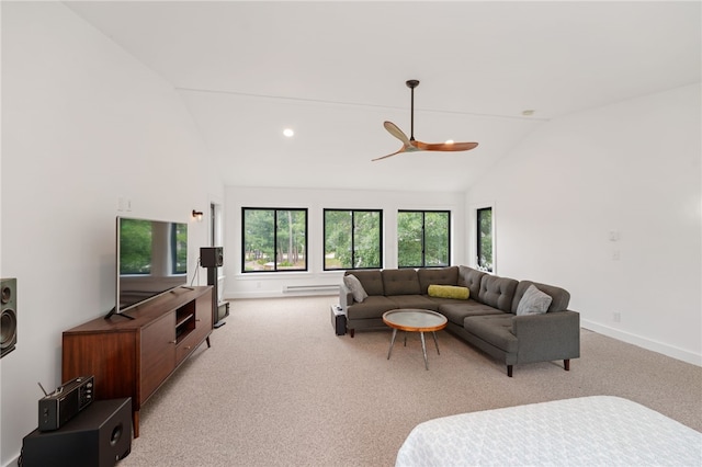 40 Alder Rd, Charlestown, RI 02813 - living area with high vaulted ceiling, light colored carpet, ceiling fan, and recessed lighting