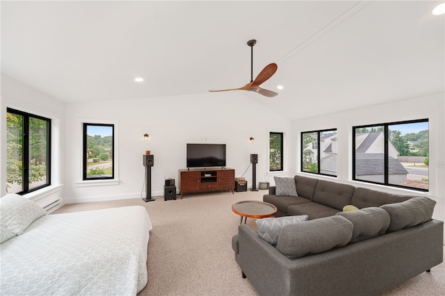 40 Alder Rd, Charlestown, RI 02813 - living area featuring carpet, plenty of natural light, vaulted ceiling, a ceiling fan, and recessed lighting
