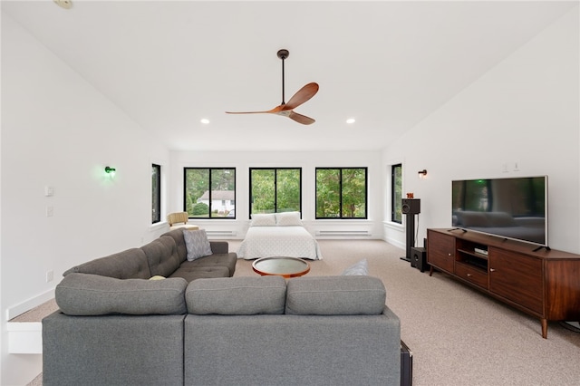 40 Alder Rd, Charlestown, RI 02813 - living room featuring vaulted ceiling, light colored carpet, ceiling fan, and recessed lighting