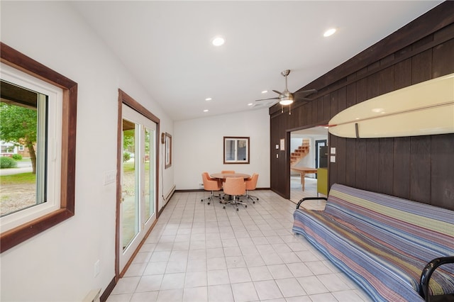 40 Alder Rd, Charlestown, RI 02813 - bedroom with vaulted ceiling, access to outside, recessed lighting, wooden walls, and ceiling fan