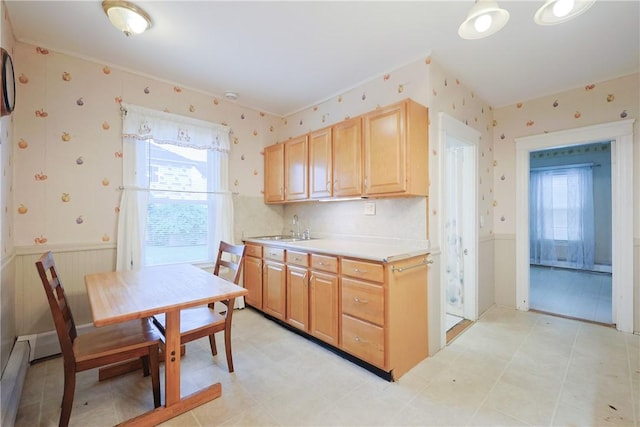 162 Rand St, Central Falls, RI 02863 - kitchen featuring wallpapered walls, wainscoting, healthy amount of natural light, light countertops, and light brown cabinets
