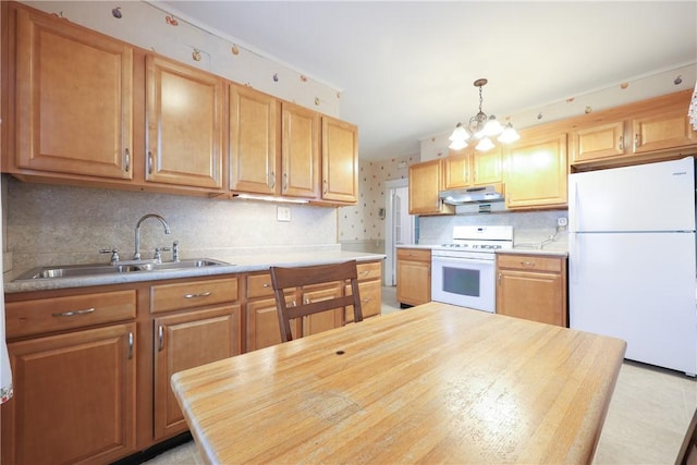 162 Rand St, Central Falls, RI 02863 - kitchen with white appliances, under cabinet range hood, a chandelier, backsplash, and hanging light fixtures