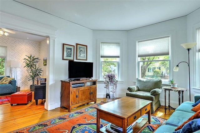 179 Elmgrove Ave, Providence, RI 02906 - living area with hardwood / wood-style flooring, healthy amount of natural light, and ceiling fan