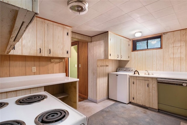 21 Parsonage Dr, Warwick, RI 02889 - kitchen featuring dishwashing machine, washer / dryer, light brown cabinets, wooden walls, and white electric range oven